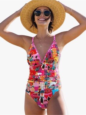 NWT Tropical Castle Print V-Neck Tummy Control One-Piece Swimsuit Sz Medium
